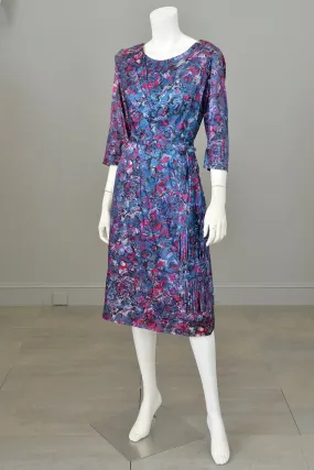 1940s Satin Impressionist Floral Dress with Fringe Sash