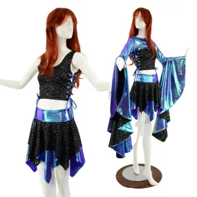 3PC Pixie Skirt & Lace Up Side Crop Tank with Sorceress Bolero Set