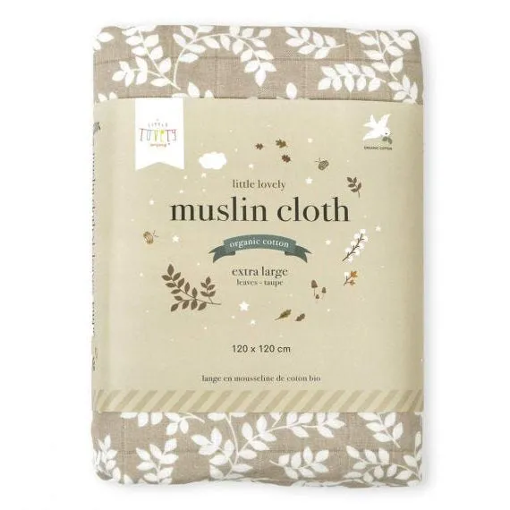 A Little Lovely Company Muslin Cloth XL: Leaves - Taupe