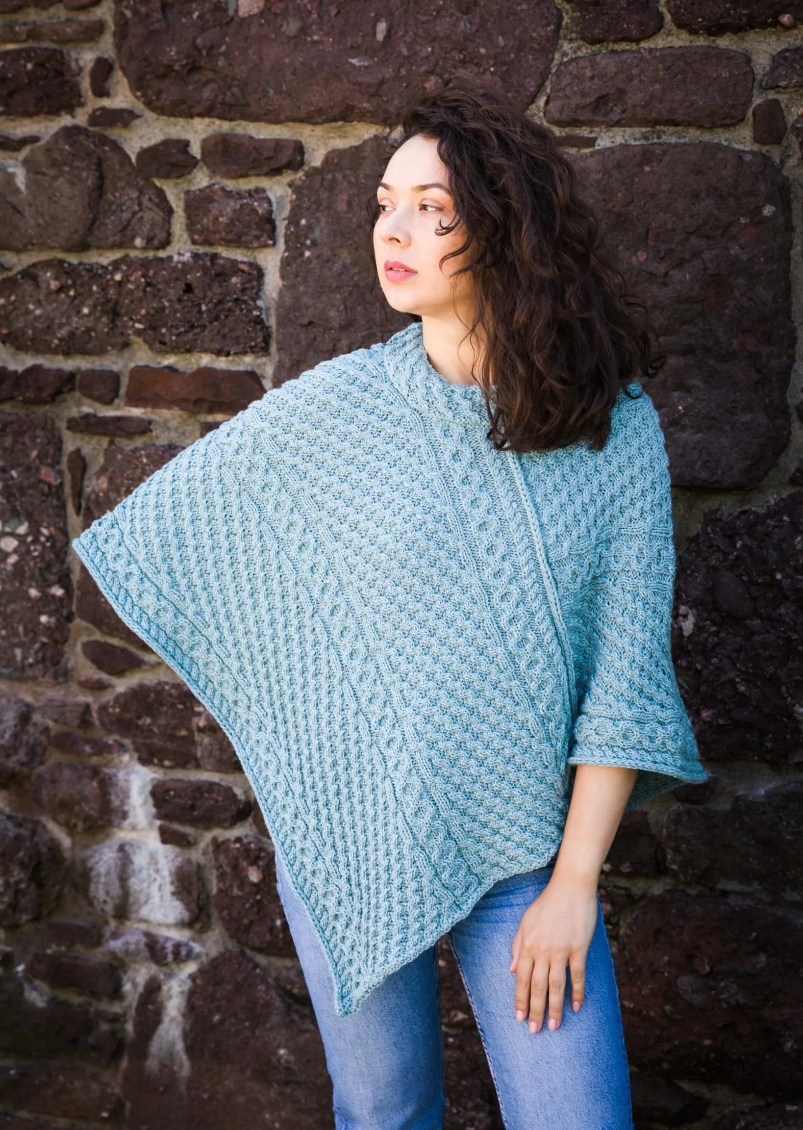 Aran Merino Wool Cowl Poncho | Aqua