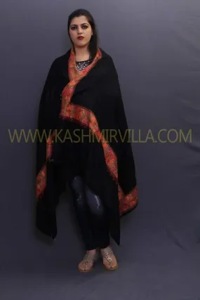 Black Sozni Work Kashmiri Handwoven Shawl On Semi Pashmina Fabric With Multicoloured Border