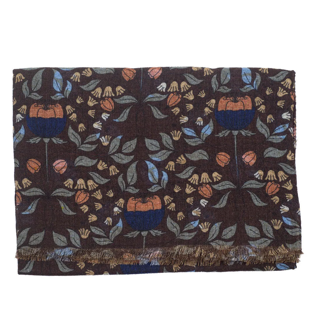 Double-sided lightweight wool print scarf, brown with floral print