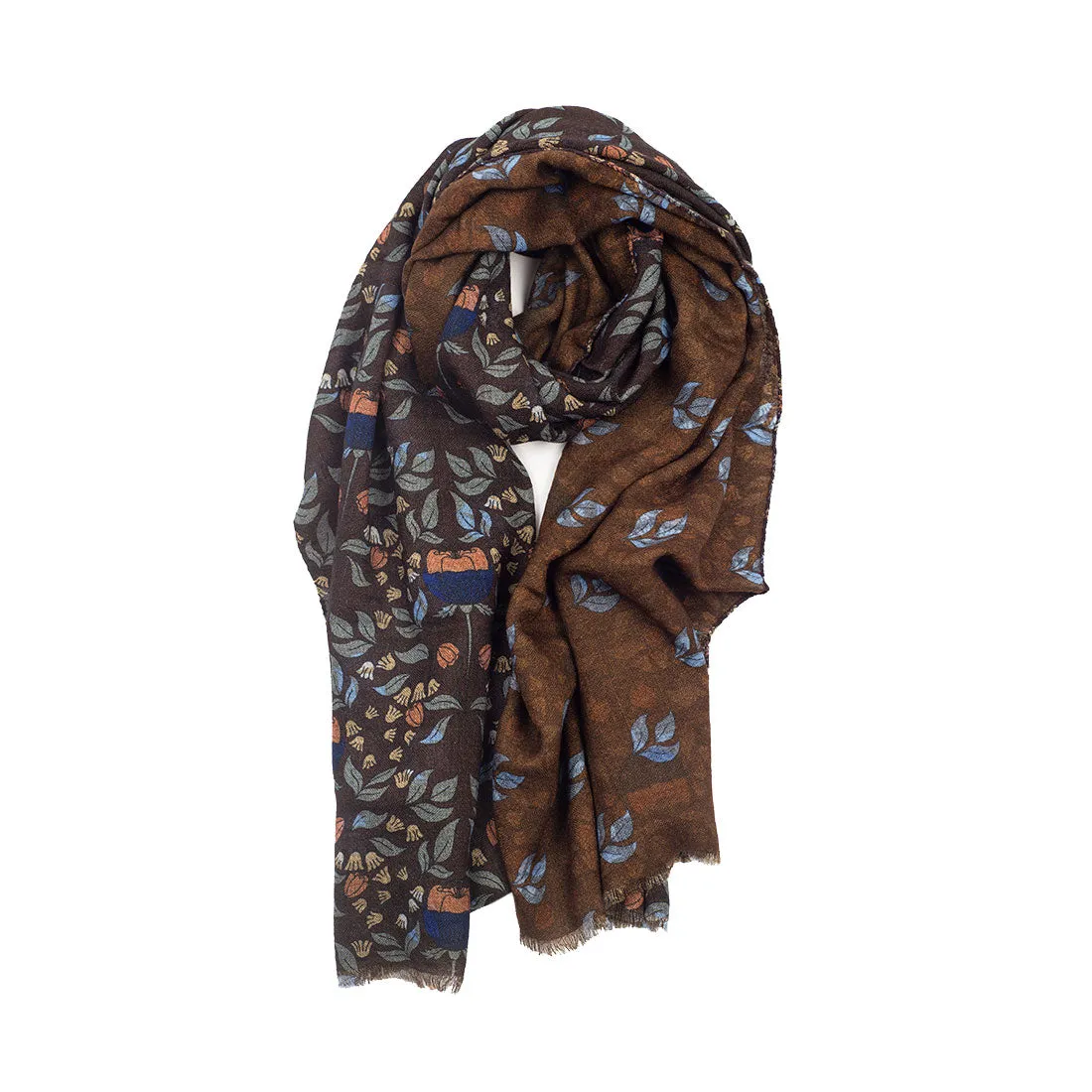 Double-sided lightweight wool print scarf, brown with floral print