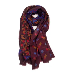 Double-sided lightweight wool print scarf, maroon with branch & floral print