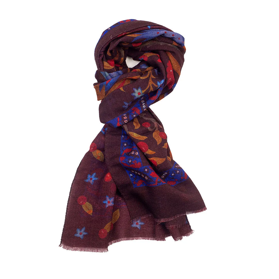 Double-sided lightweight wool print scarf, maroon with branch & floral print