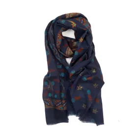 Double-sided lightweight wool print scarf, navy with branch & floral print