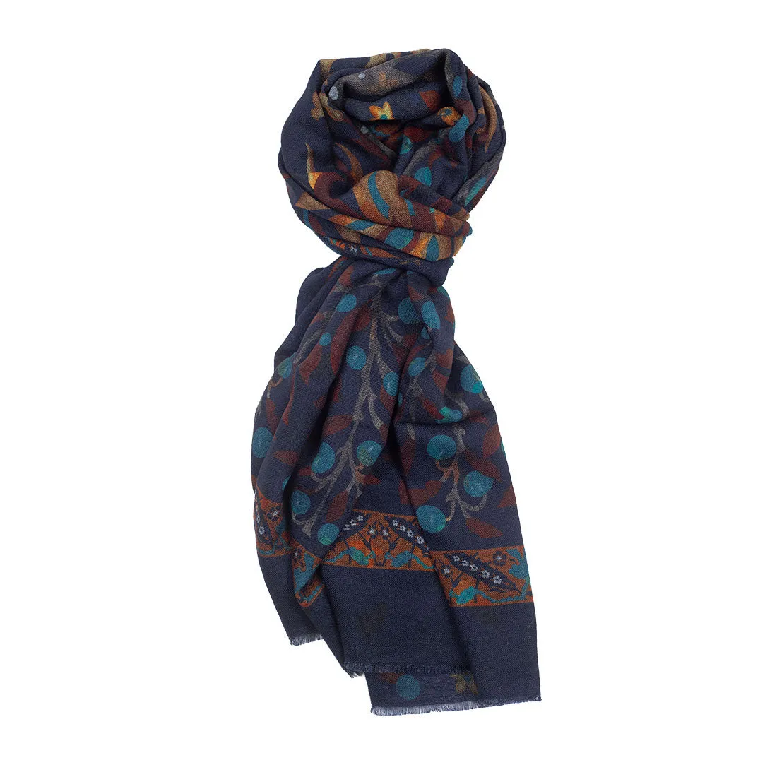 Double-sided lightweight wool print scarf, navy with branch & floral print