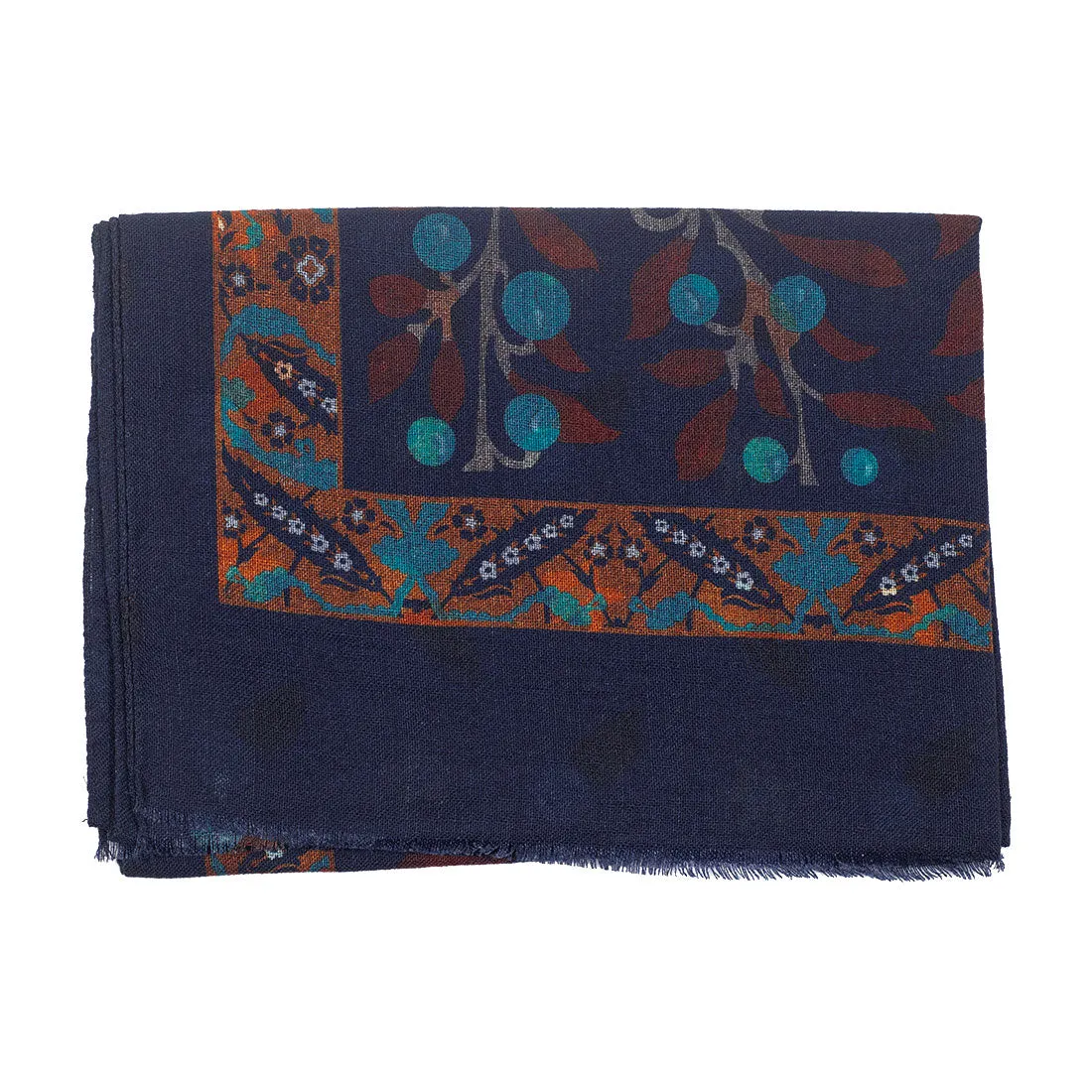 Double-sided lightweight wool print scarf, navy with branch & floral print