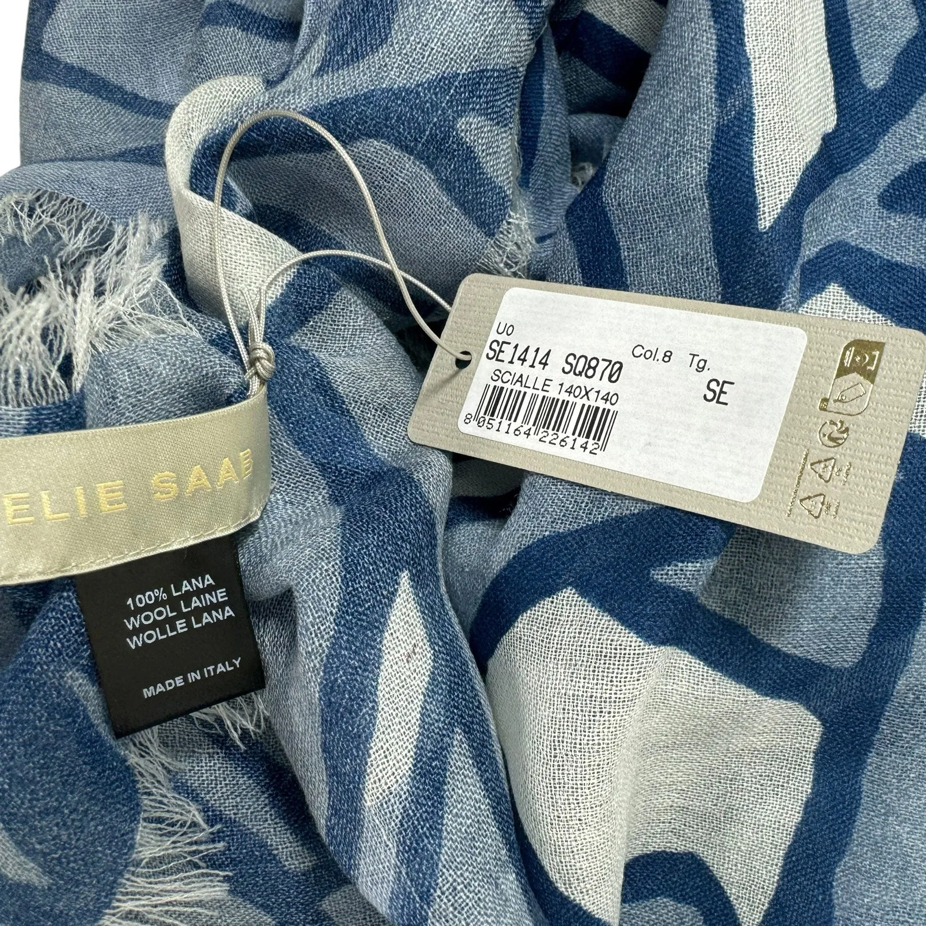 Elie Saab Wool Scarf Gray Blue Design - Extra Large 55 Inch Square Shawl