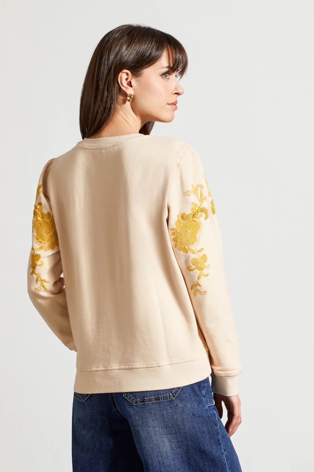 FRENCH TERRY CREW NECK TOP WITH EMBROIDERY-Moonstone