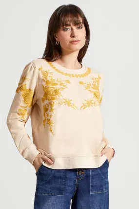 FRENCH TERRY CREW NECK TOP WITH EMBROIDERY-Moonstone