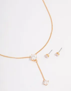 Gold Diamante Y-Shape Necklace & Stud Earrings Jewellery Set