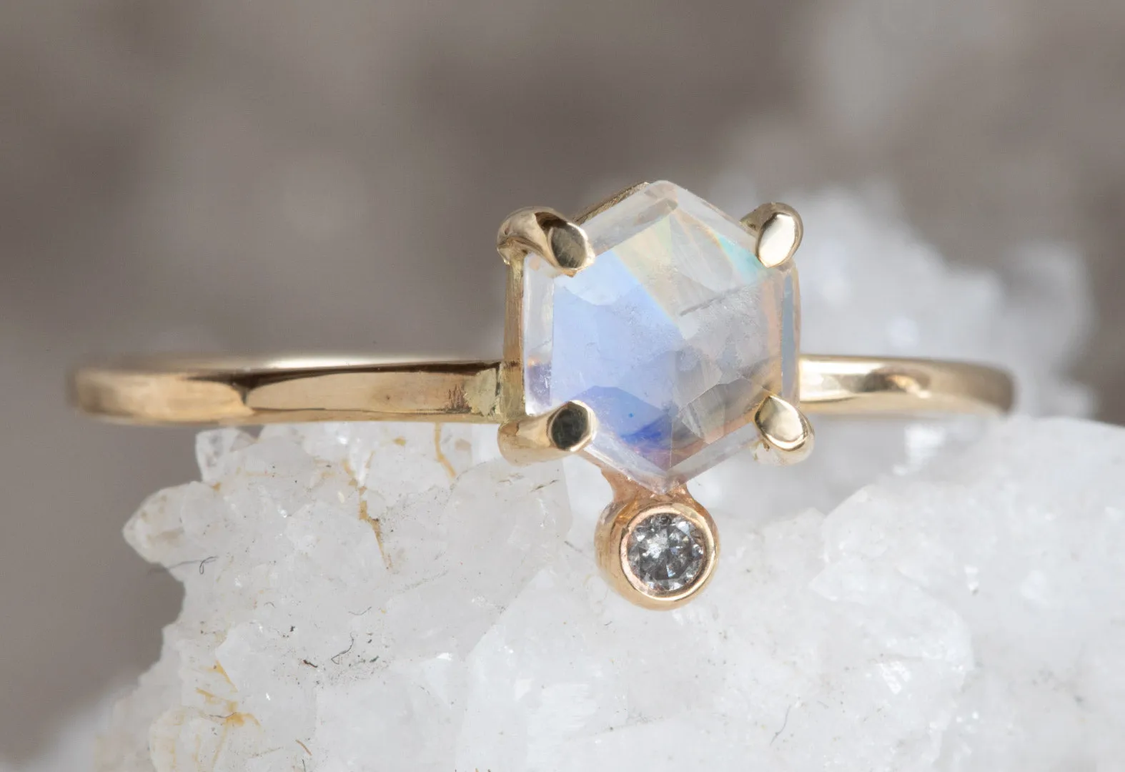 Hexagon Moonstone   Diamond Ring