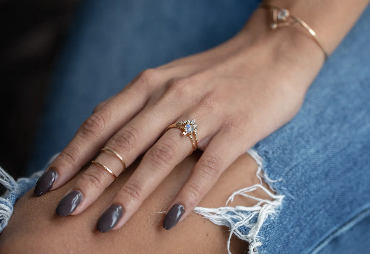 Hexagon Moonstone   Diamond Ring