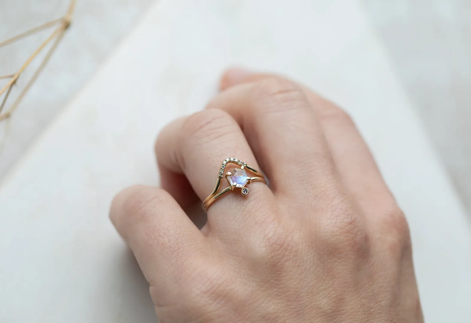 Hexagon Moonstone   Diamond Ring