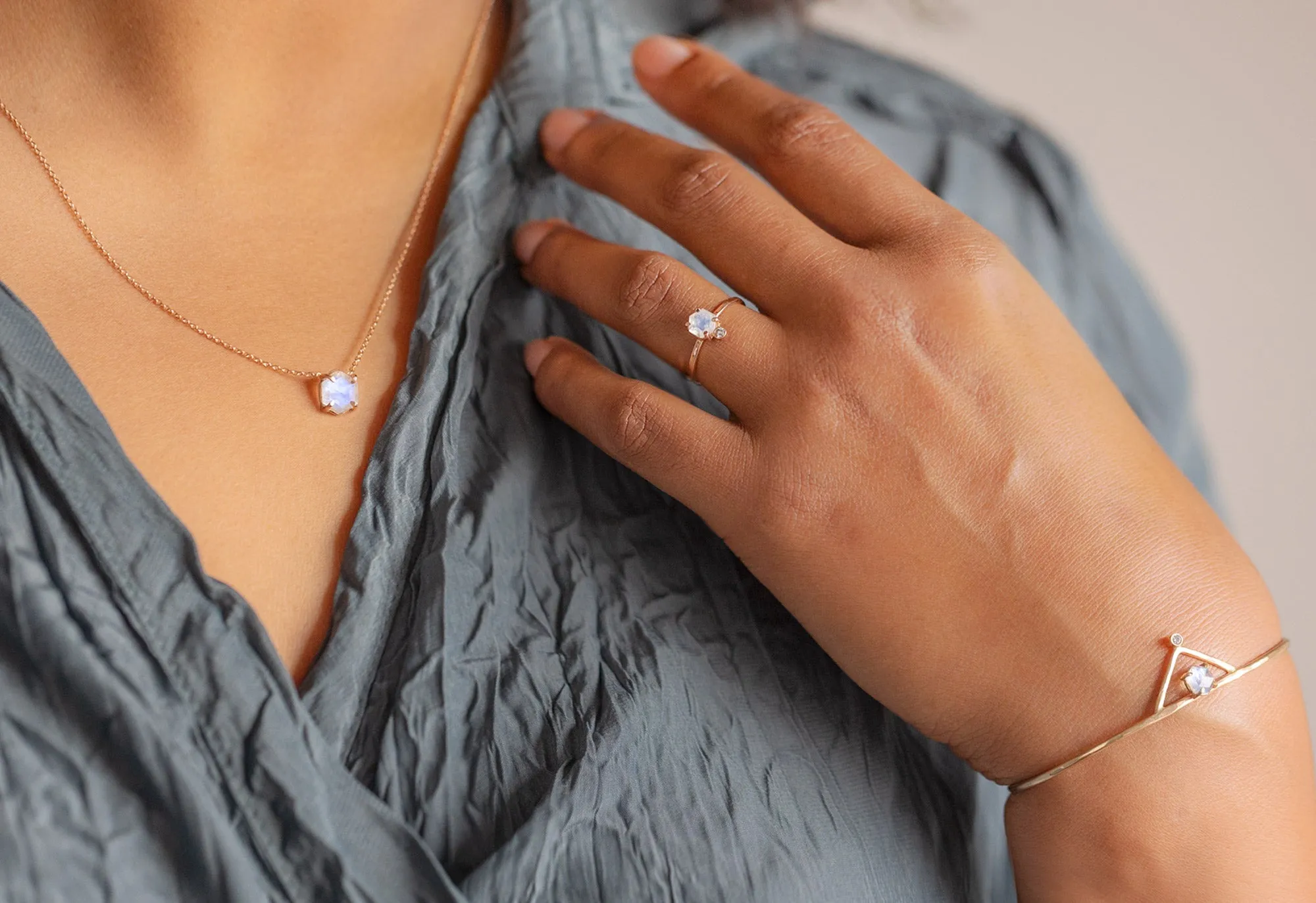 Hexagon Moonstone   Diamond Ring