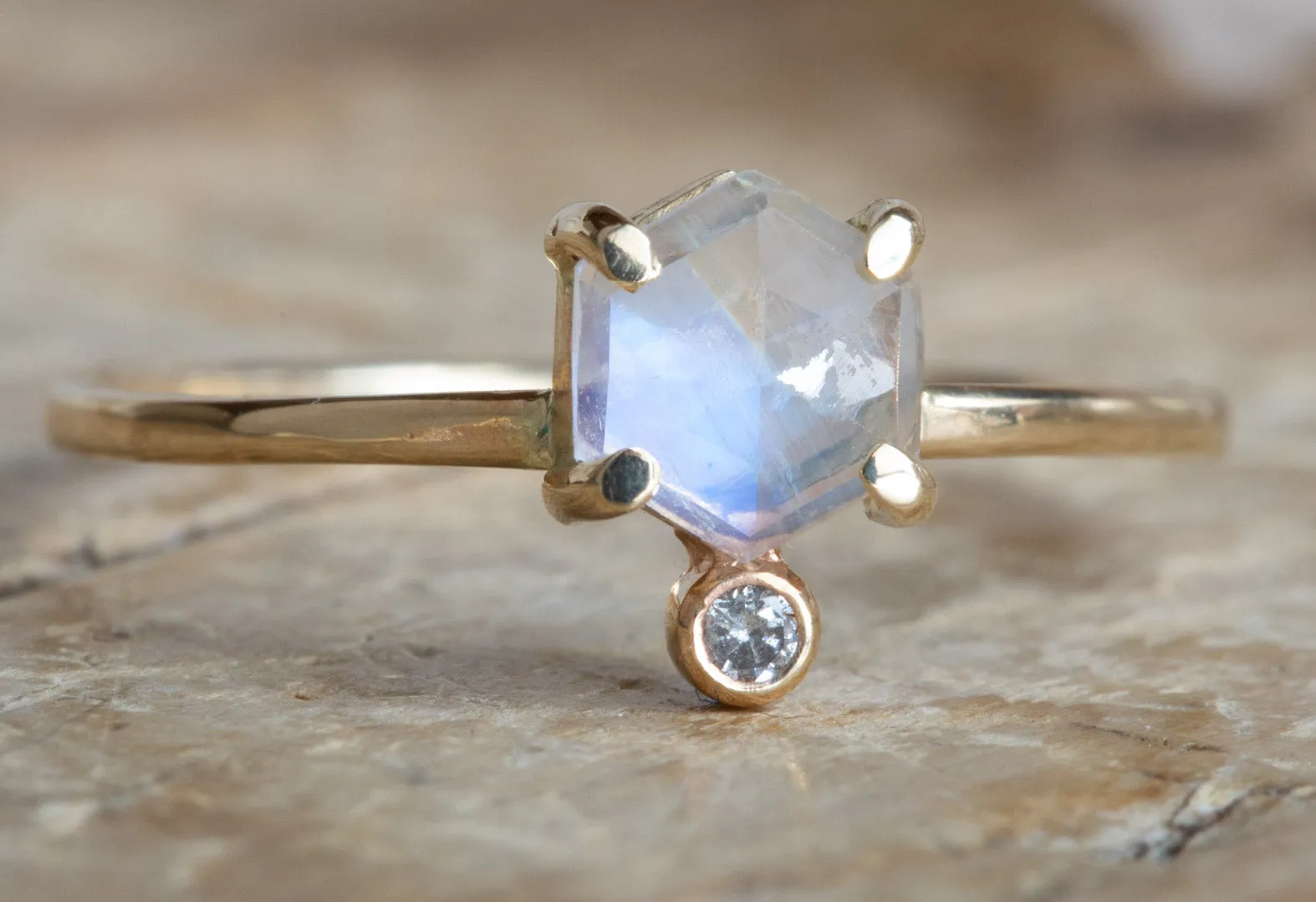 Hexagon Moonstone   Diamond Ring