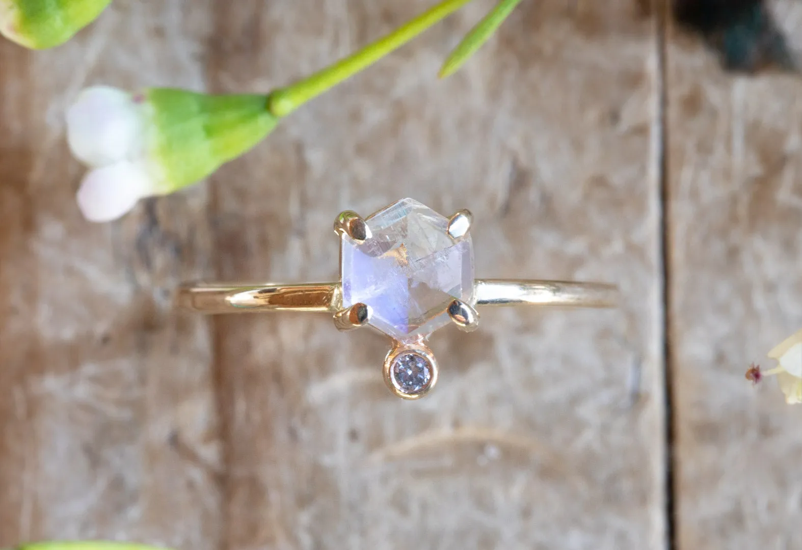 Hexagon Moonstone   Diamond Ring