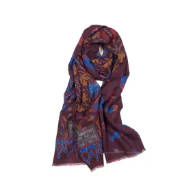 Lightweight wool print scarf, burgundy & blue large floral print