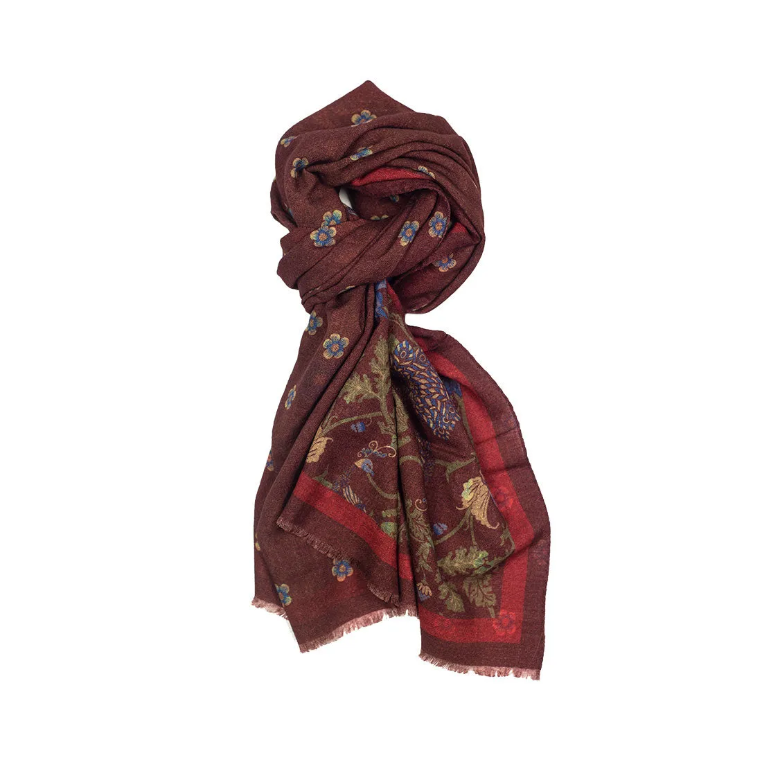 Lightweight wool print scarf, burgundy & khaki large floral print