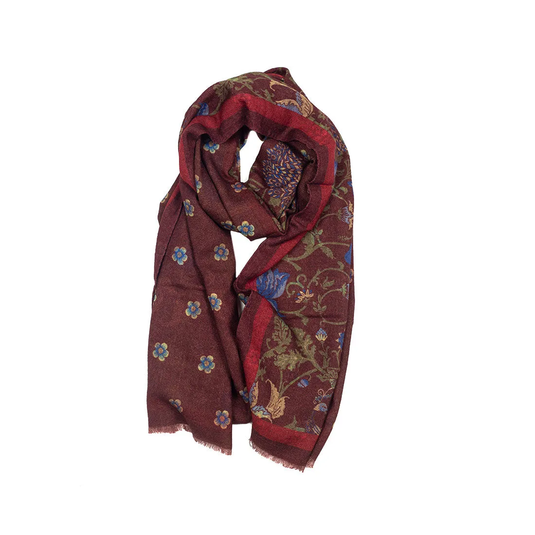 Lightweight wool print scarf, burgundy & khaki large floral print