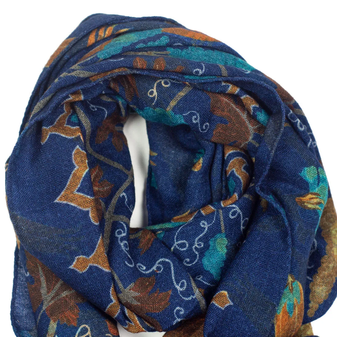 Lightweight wool print scarf, navy & rust large floral print