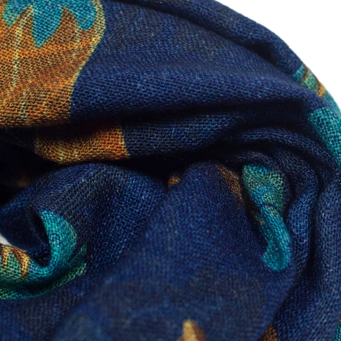 Lightweight wool print scarf, navy & rust large floral print