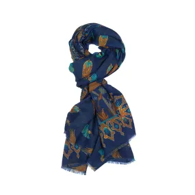 Lightweight wool print scarf, navy & rust large floral print