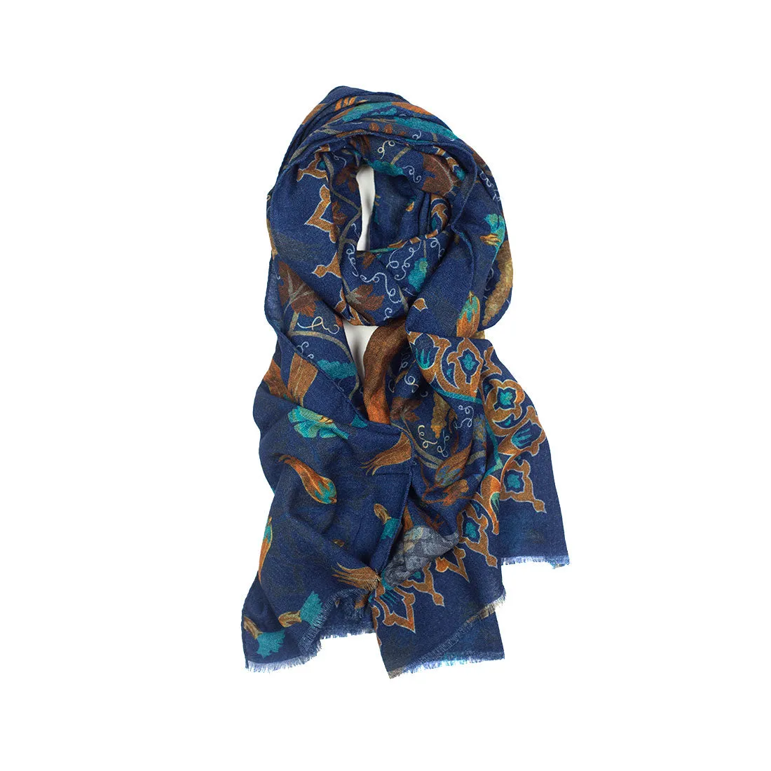 Lightweight wool print scarf, navy & rust large floral print