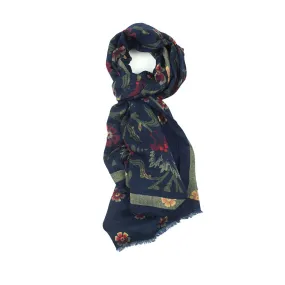 Lightweight wool print scarf, navy, red & green large floral print