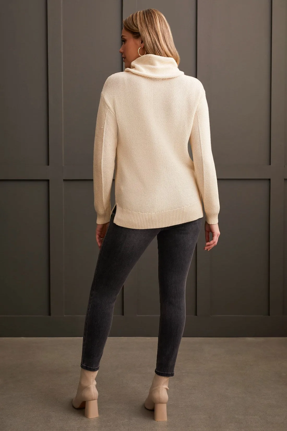 LONG SLEEVE COWL NECK TUNIC WITH OPEN STITCH DETAIL-Moonstone