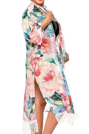 Rapz Fringed Kimono 4758 Oriental Floral Orange